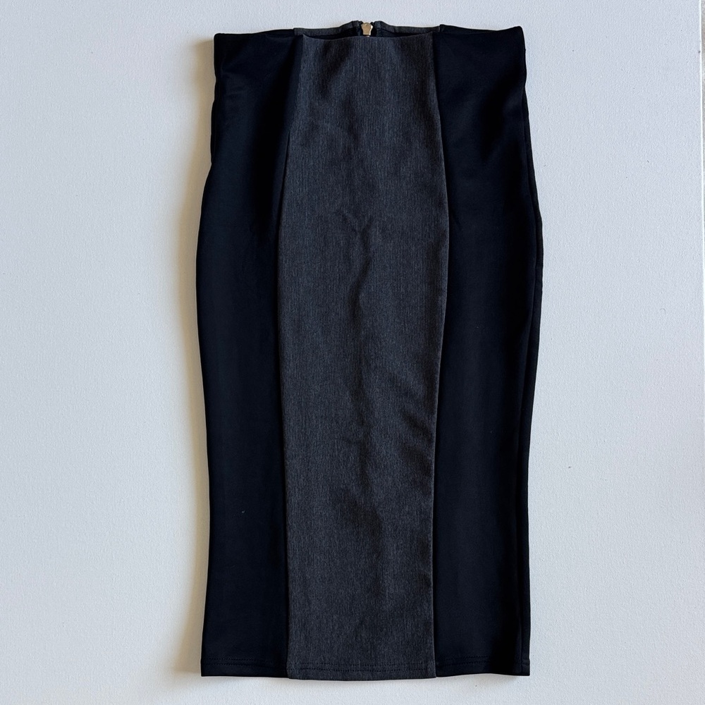 Elegant Black Satin and Gray Stretchy Pencil Skirt